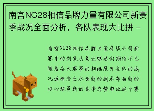 南宫NG28相信品牌力量有限公司新赛季战况全面分析，各队表现大比拼 - 副本