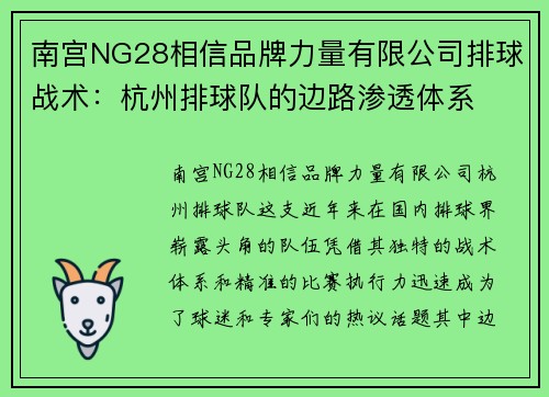 南宫NG28相信品牌力量有限公司排球战术：杭州排球队的边路渗透体系