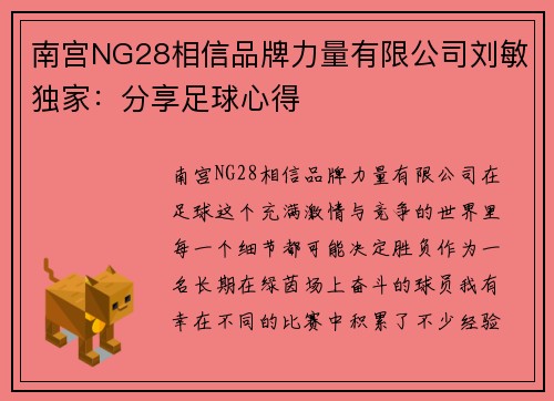 南宫NG28相信品牌力量有限公司刘敏独家：分享足球心得