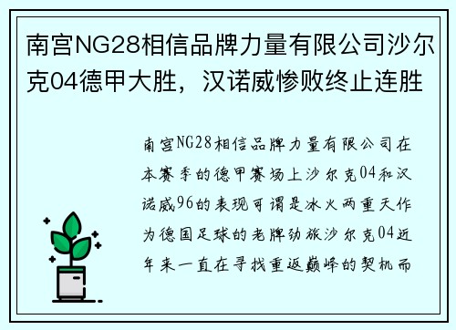 南宫NG28相信品牌力量有限公司沙尔克04德甲大胜，汉诺威惨败终止连胜