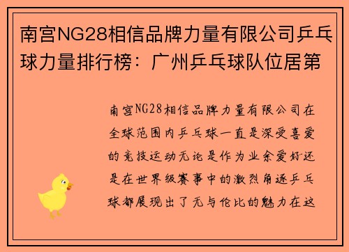 南宫NG28相信品牌力量有限公司乒乓球力量排行榜：广州乒乓球队位居第7名